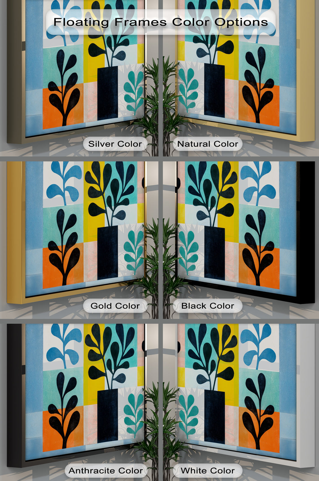The graphic's negative space highlights different frame color options surrounding a mid-century botanical canvas wall decor featuring geometric plant shapes.