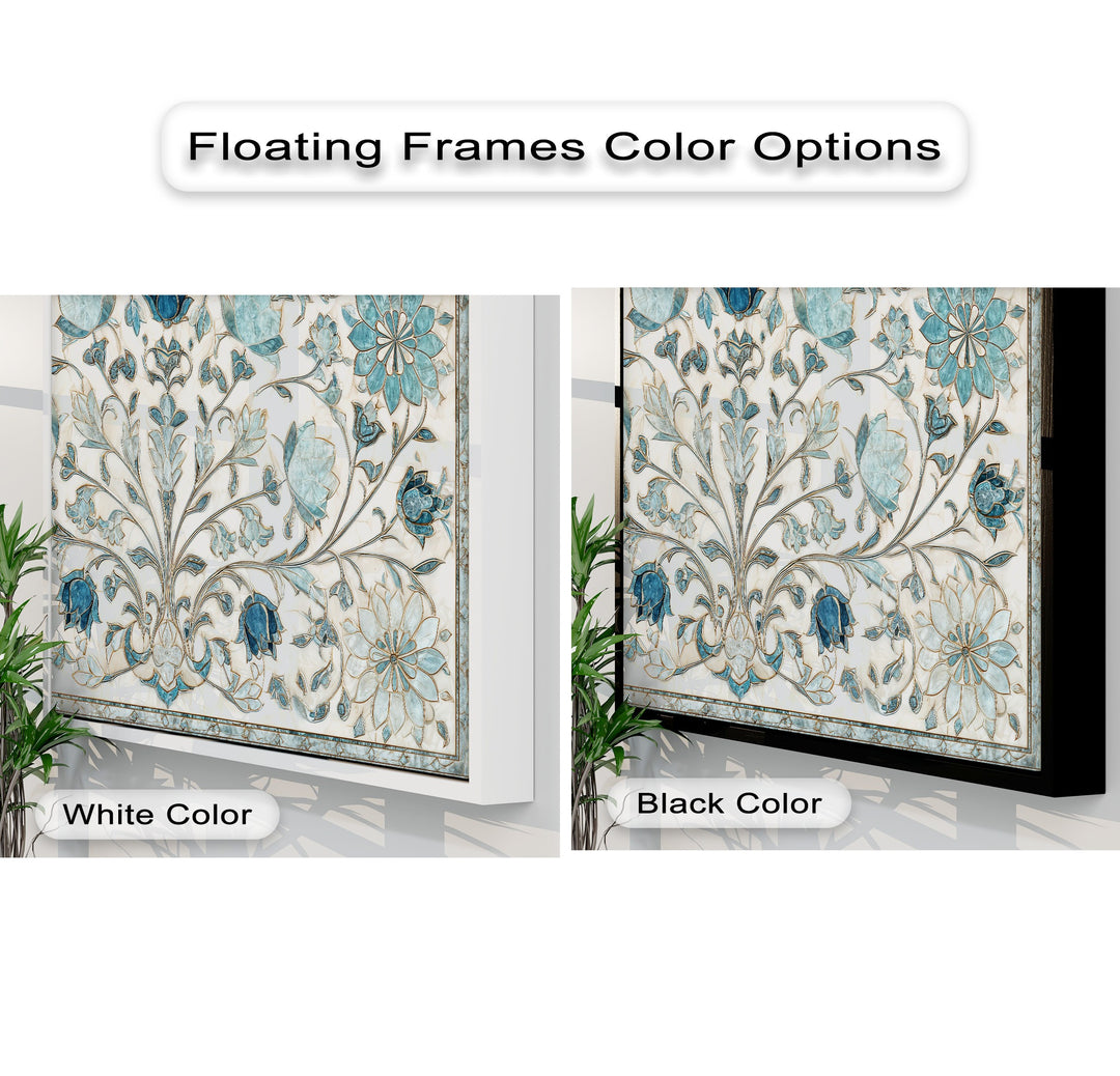 The serene stillness of the elegant blue floral ornament canvas art, framed in both white and black, accentuates its intricate botanical wall art design.