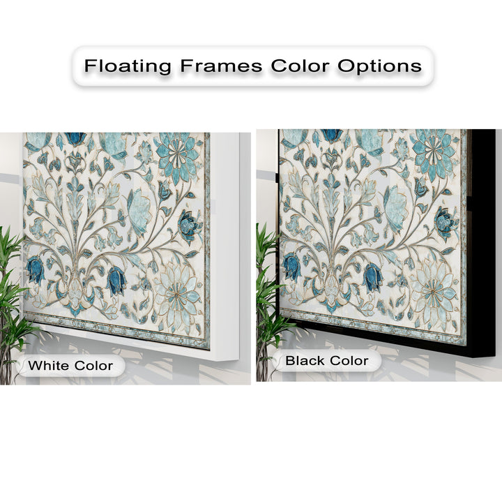 The serene stillness of the elegant blue floral ornament canvas art, framed in both white and black, accentuates its intricate botanical wall art design.