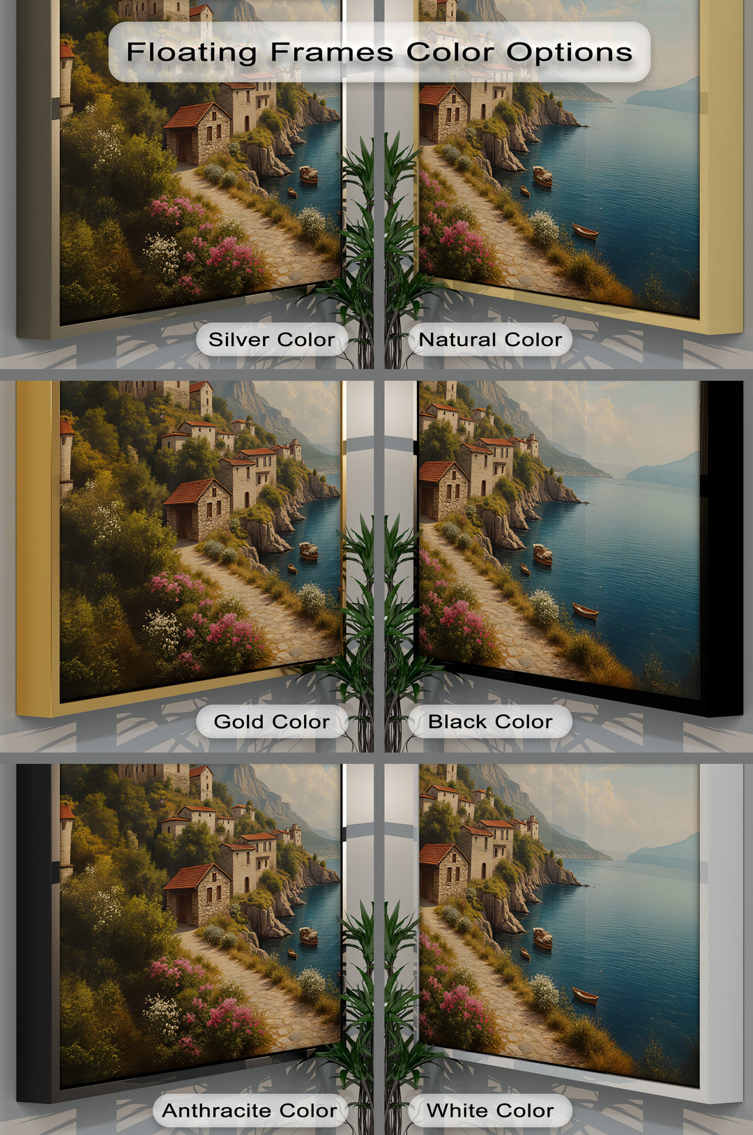 Cliffside Village Serenity – Mediterranean Coastal Canvas Wall Art | Framed Art