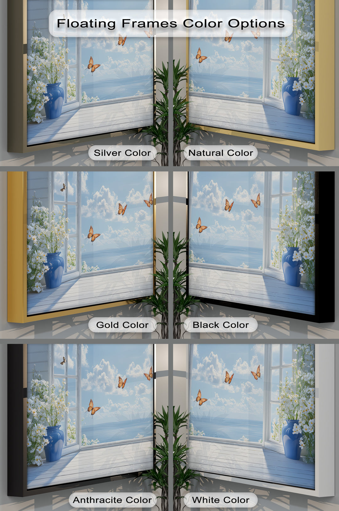Ocean Breeze Serenity – Blue Vase Flowers and Butterflies Canvas Print