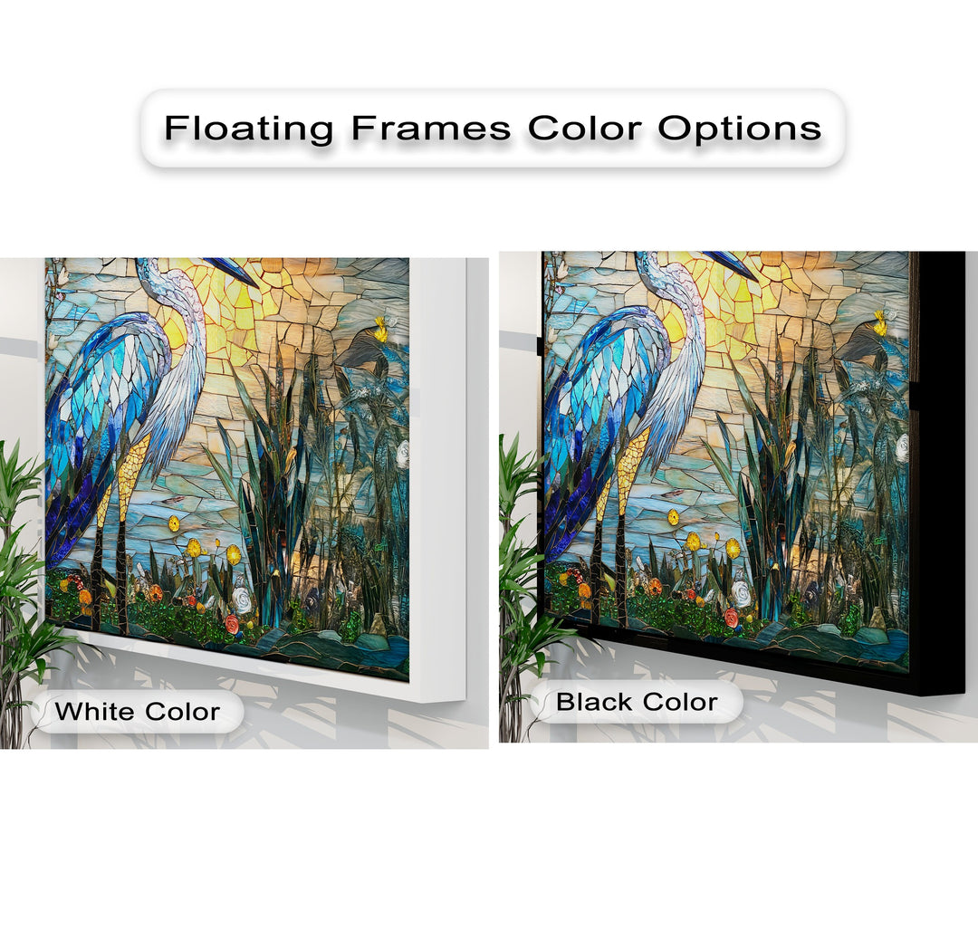 The abstract quality of this unique canvas print is evident in the mosaic-style stained glass heron, rendered with fragmented blue and yellow colors.