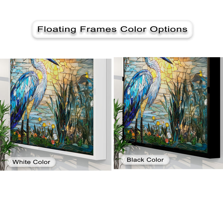 The abstract quality of this unique canvas print is evident in the mosaic-style stained glass heron, rendered with fragmented blue and yellow colors.