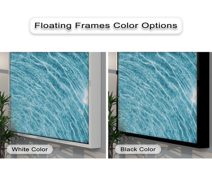 The stillness of the abstract blue water ripple texture on a hanging canvas with white or black frames creates a tranquil scene.