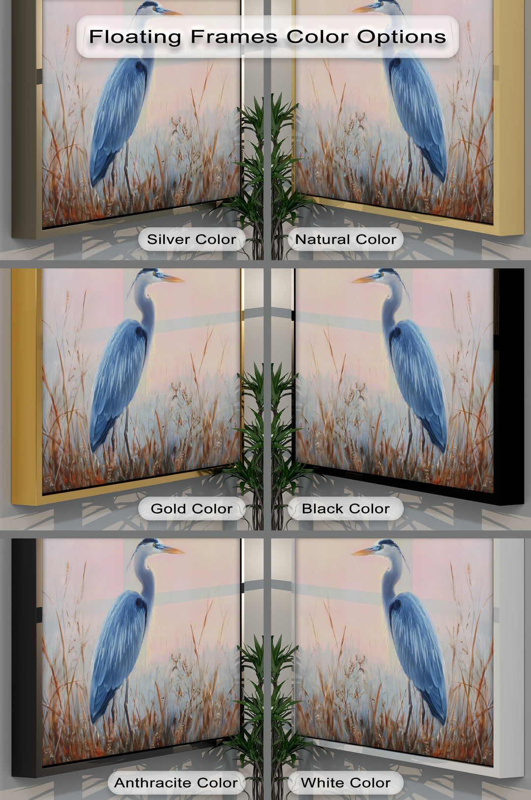Warm to cool color temperatures highlight different floating frame options around a graceful blue heron wildlife scene in these best canvas prints.