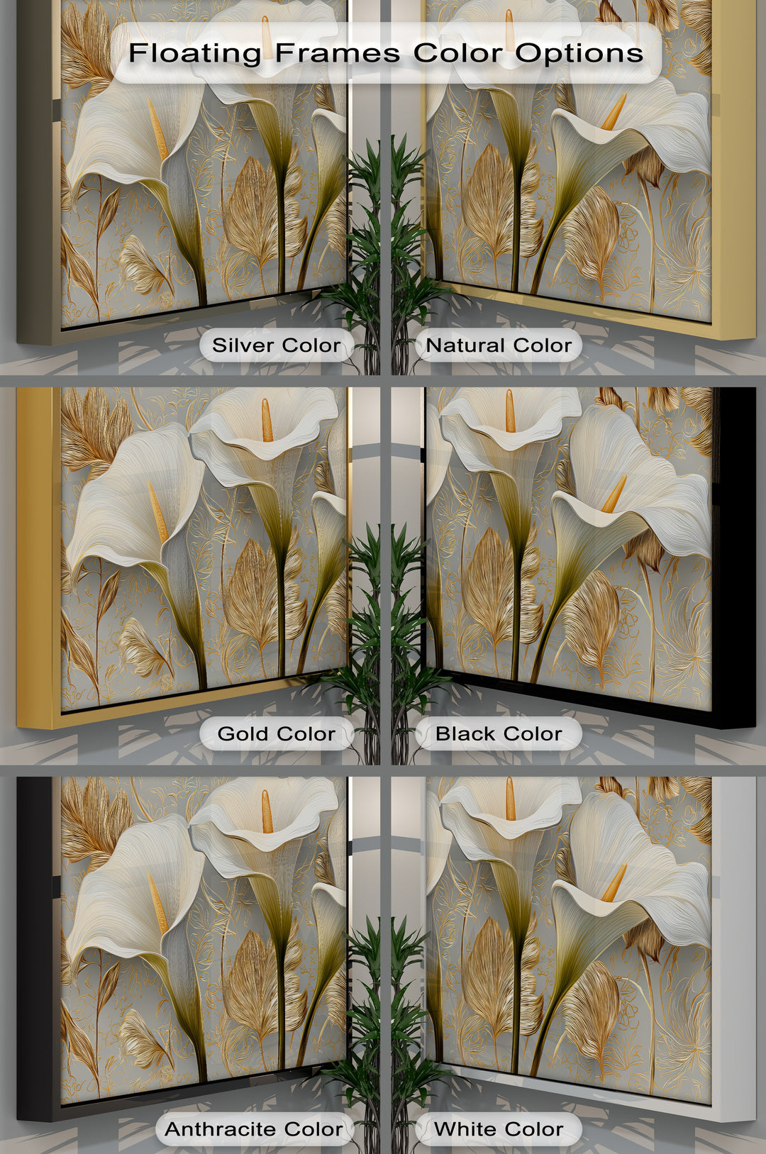 Golden Elegance – White Calla Lilies on Grey Floral Canvas Print