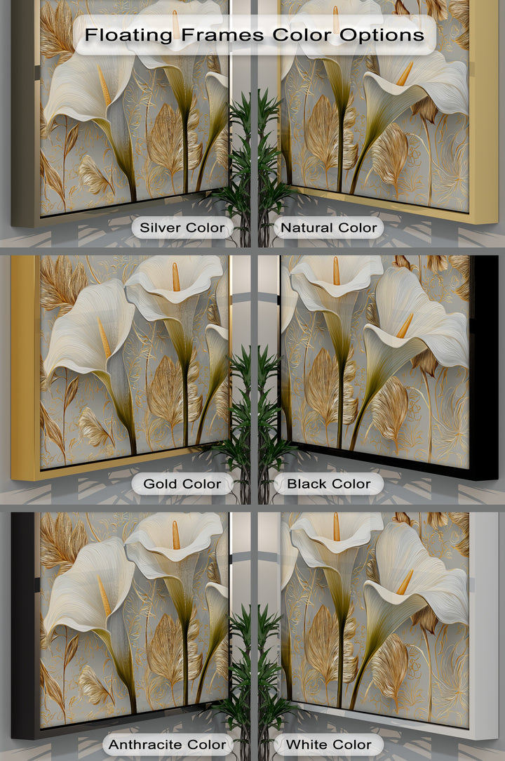 Golden Elegance – White Calla Lilies on Grey Floral Canvas Print