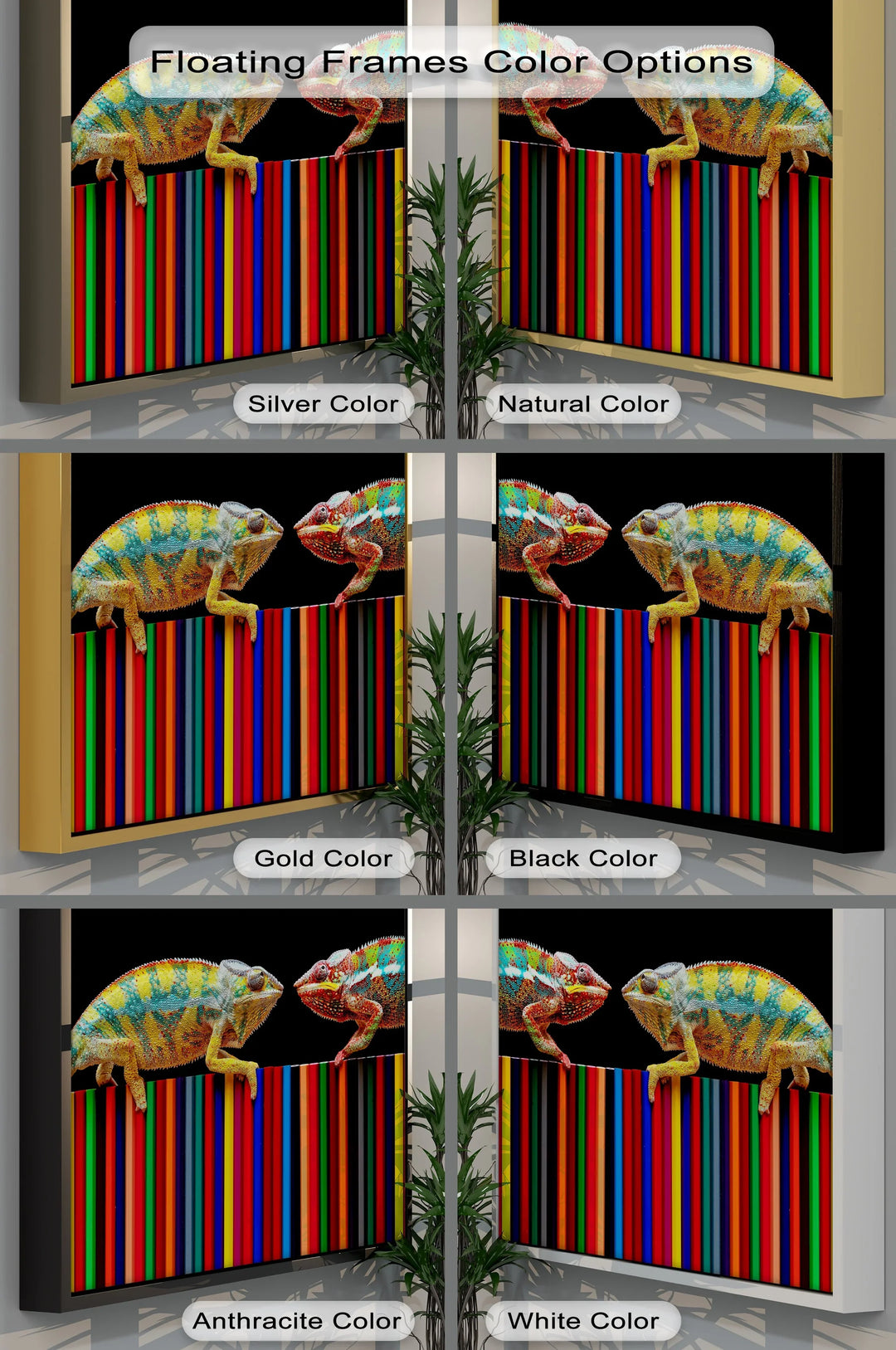 Color Clash – Vibrant Chameleon Duo on Pencils Canvas Print - MyPhotoStation