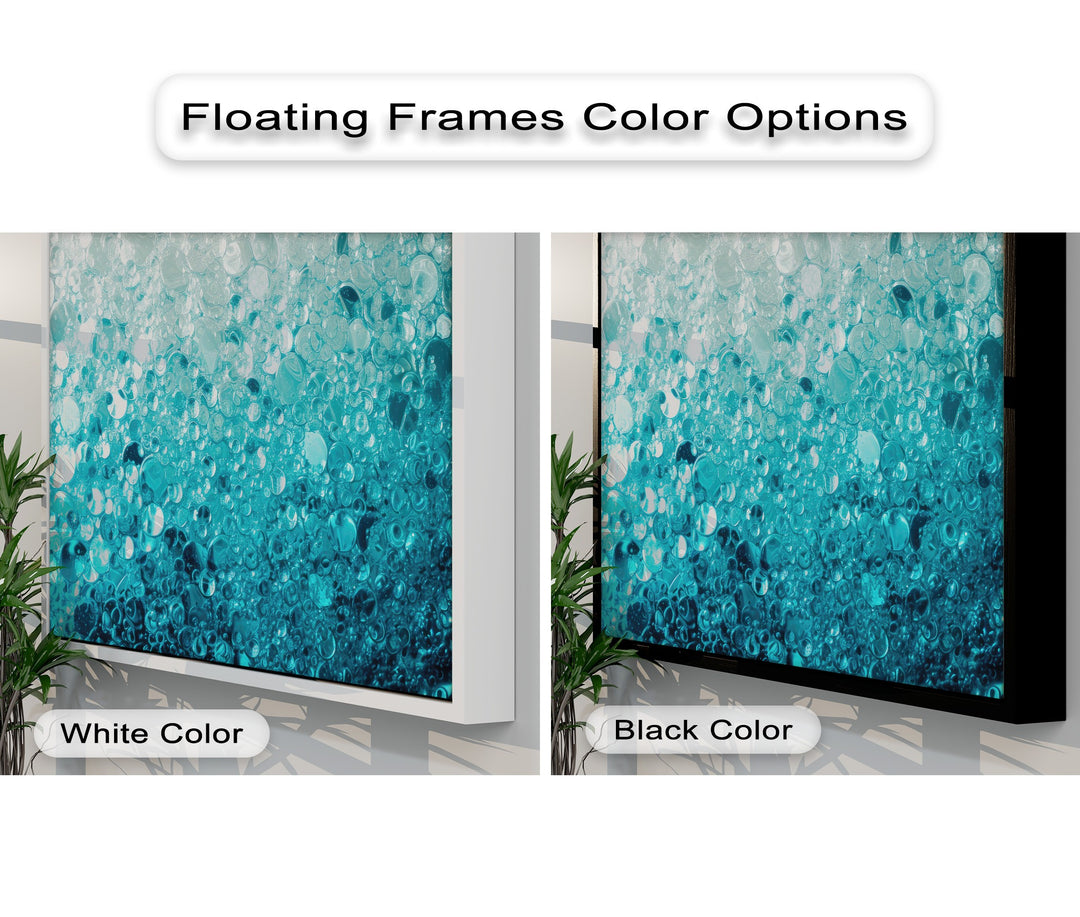 The vibrant abstract turquoise bubble texture dominates, showcased in two big canvas prints with white and black floating frames.