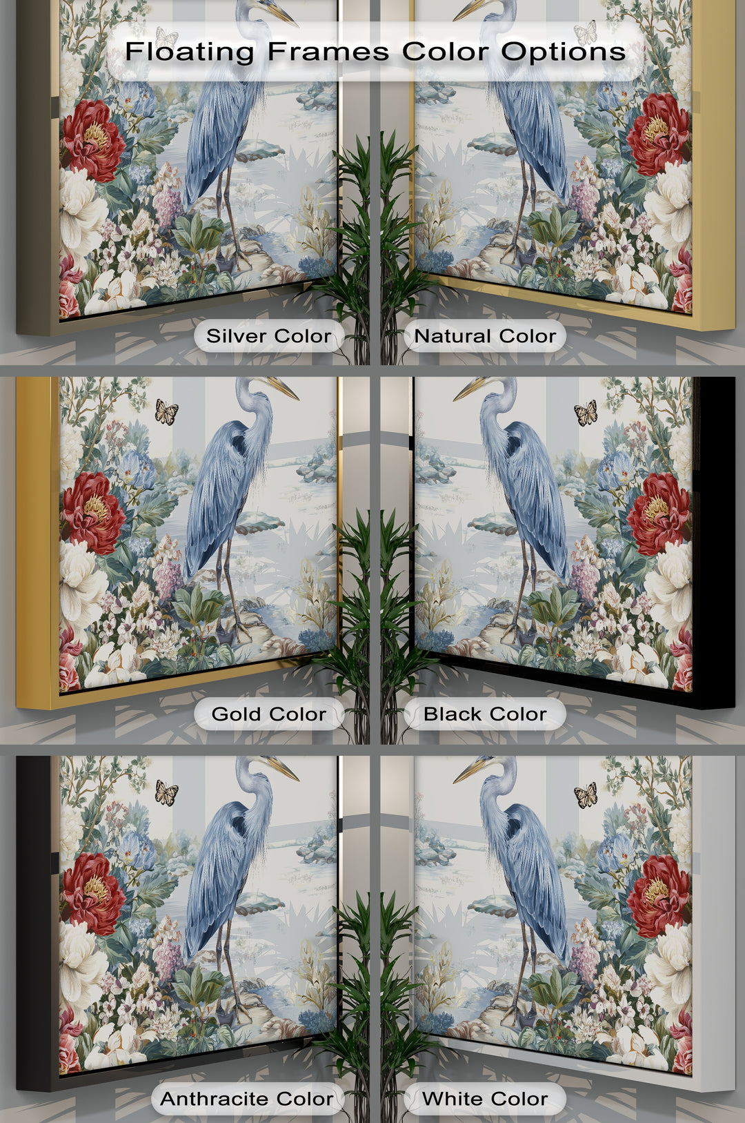 Different frame finish options, including silver, natural, gold, black, anthracite, and white, are showcased for this elegant heron garden framed canvas print.