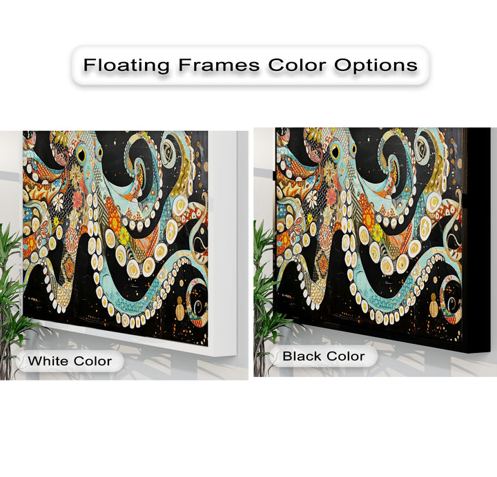A colorful, intricate mosaic octopus artwork, displayed as big canvas prints with options for white and black floating frames.