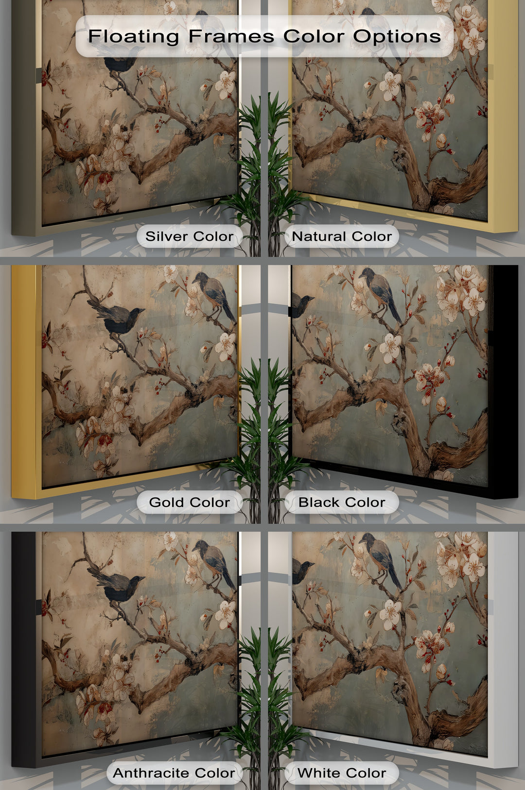 Vintage Cherry Blossom Bird Mural Botanical Canvas Art | Large Canvas