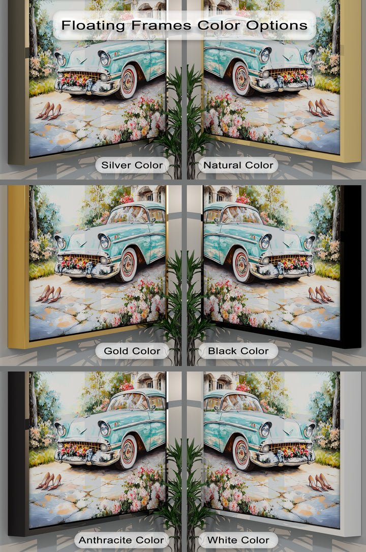 Turquoise Classic Car in Flower Garden – Car Canvas Print