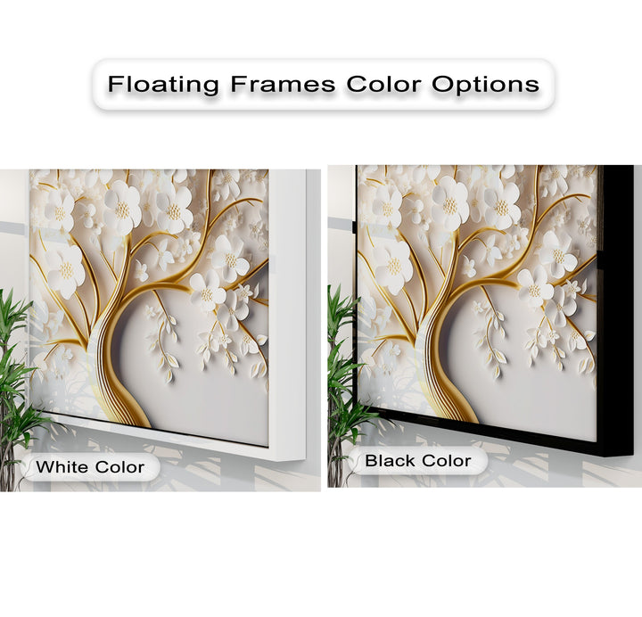 Organic forms of a white blossom tree with golden branches define this canvas painting, available in white or black floating frames.