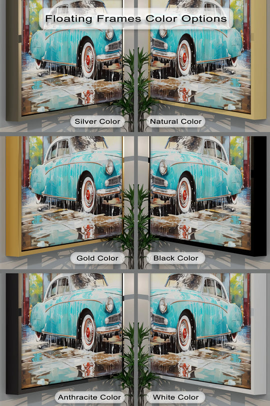 Aqua, turquoise, and white tones dominate this 'Aqua Shine' car canvas print, showcasing different floating frame color options perfect for hanging canvas displays.