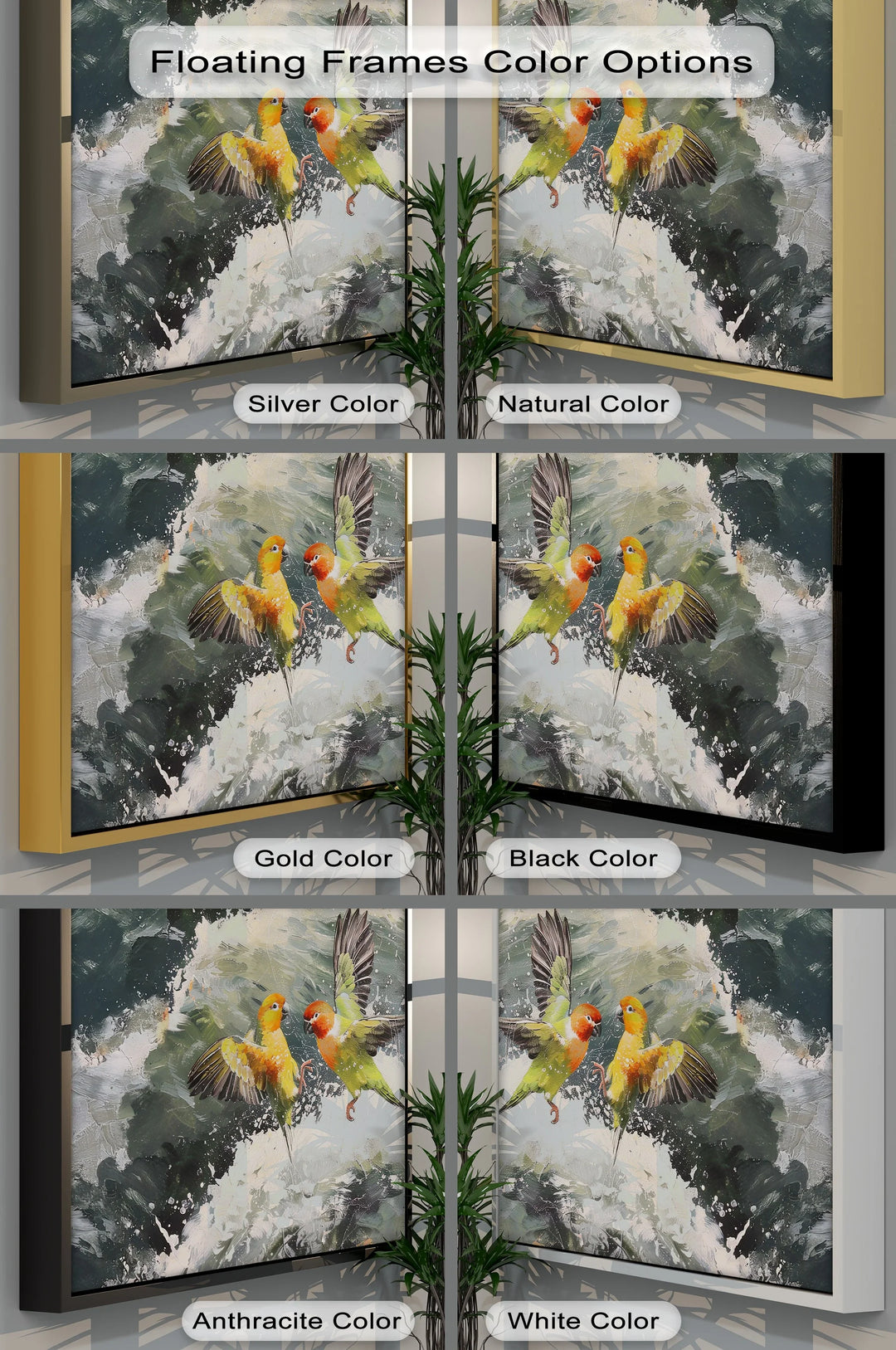 Splash of Love – Colorful Lovebirds Over Ocean Waves Animal Canvas Print - MyPhotoStation