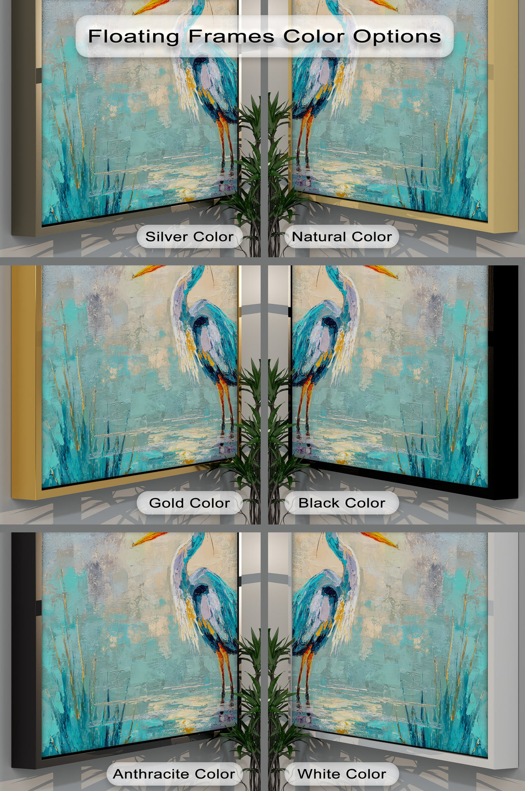 A close view highlights the diverse framed canvas color options for the Blue Heron abstract canvas print, offering modern wildlife bird wall art.