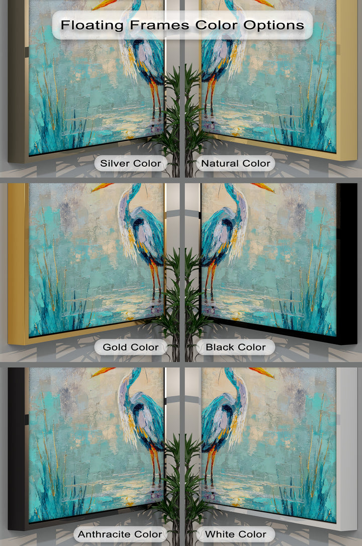A close view highlights the diverse framed canvas color options for the Blue Heron abstract canvas print, offering modern wildlife bird wall art.