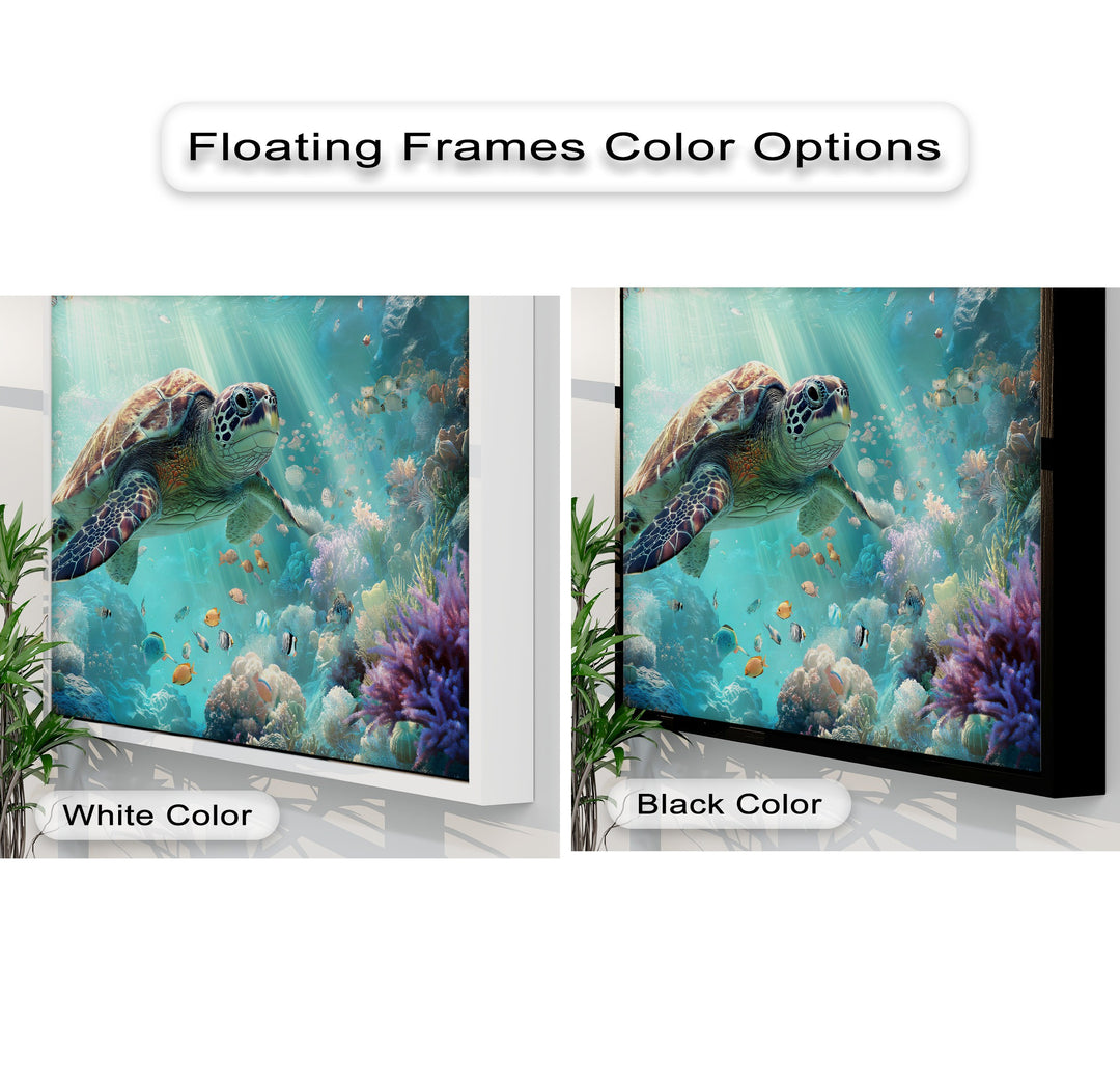Visual rhythm highlights a sea turtle gliding through sunlit coral and fish in canvas pictures with floating frames.