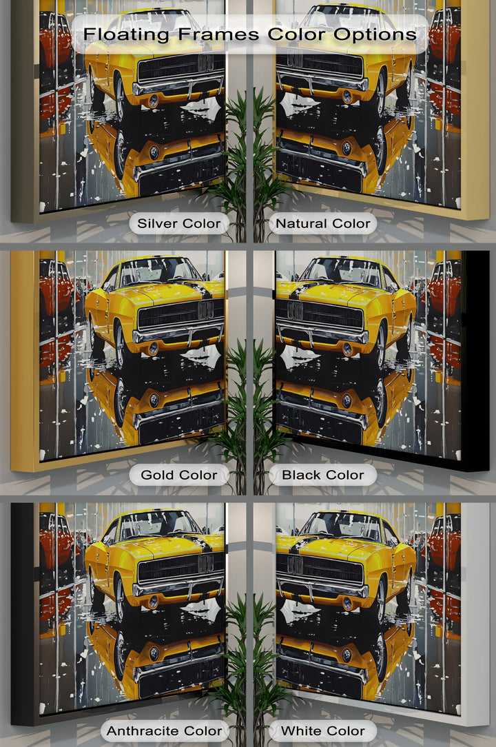 Classic Yellow Dodge Charger in Showroom – Car Canvas Print