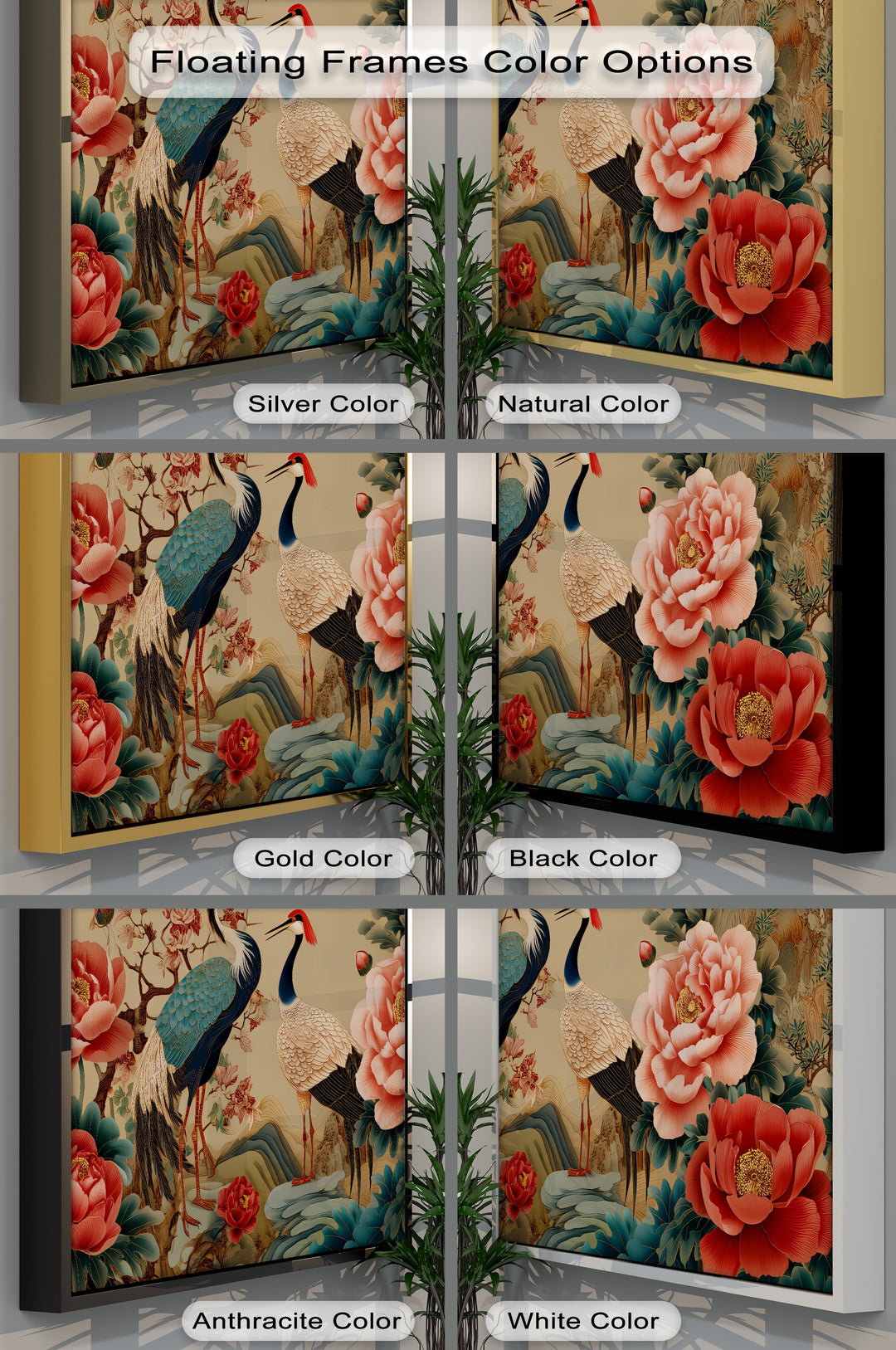 Cranes and Peonies Oriental - Canvas Wall Art | Large Canvas