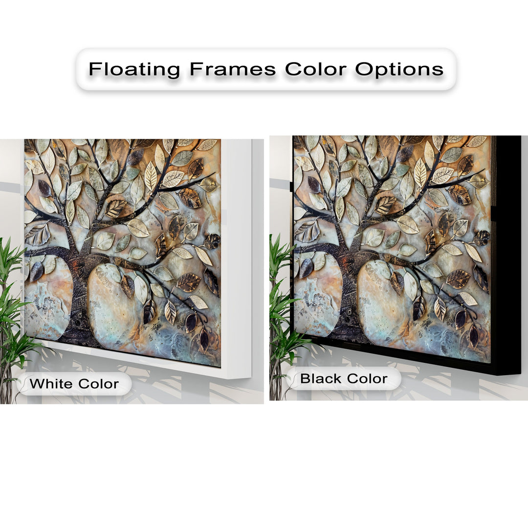 Observe the striking color transition from a pristine white to a bold black floating frame for this detailed Tree of Life hanging canvas print.