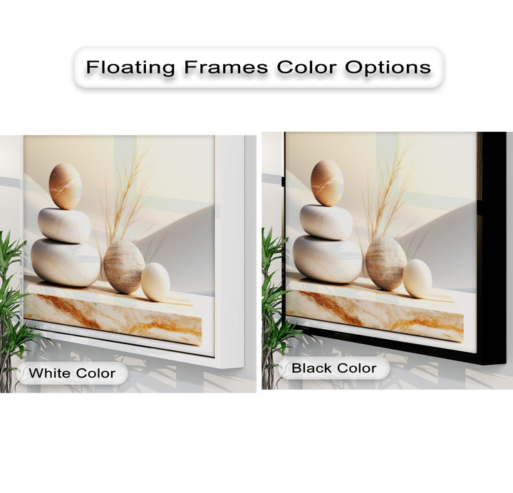 The negative space created by the floating white and black frames around the Zen Stone Balance canvas pictures enhances the minimalist spa wall art.