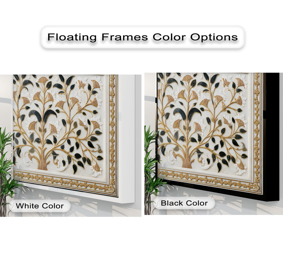 Intricate gold botanical canvas artwork featuring black leaves, white flowers, and an ornate border, shown in contrasting white and black floating frames.