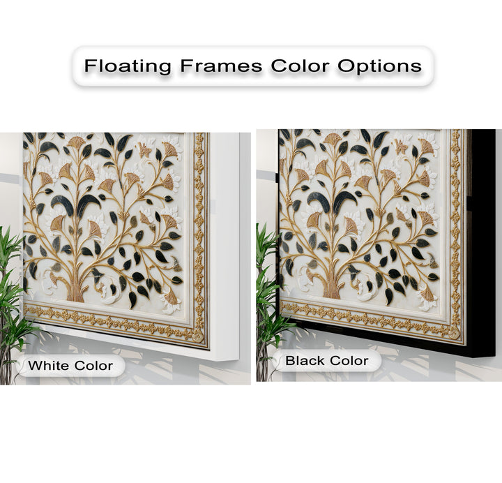 Intricate gold botanical canvas artwork featuring black leaves, white flowers, and an ornate border, shown in contrasting white and black floating frames.