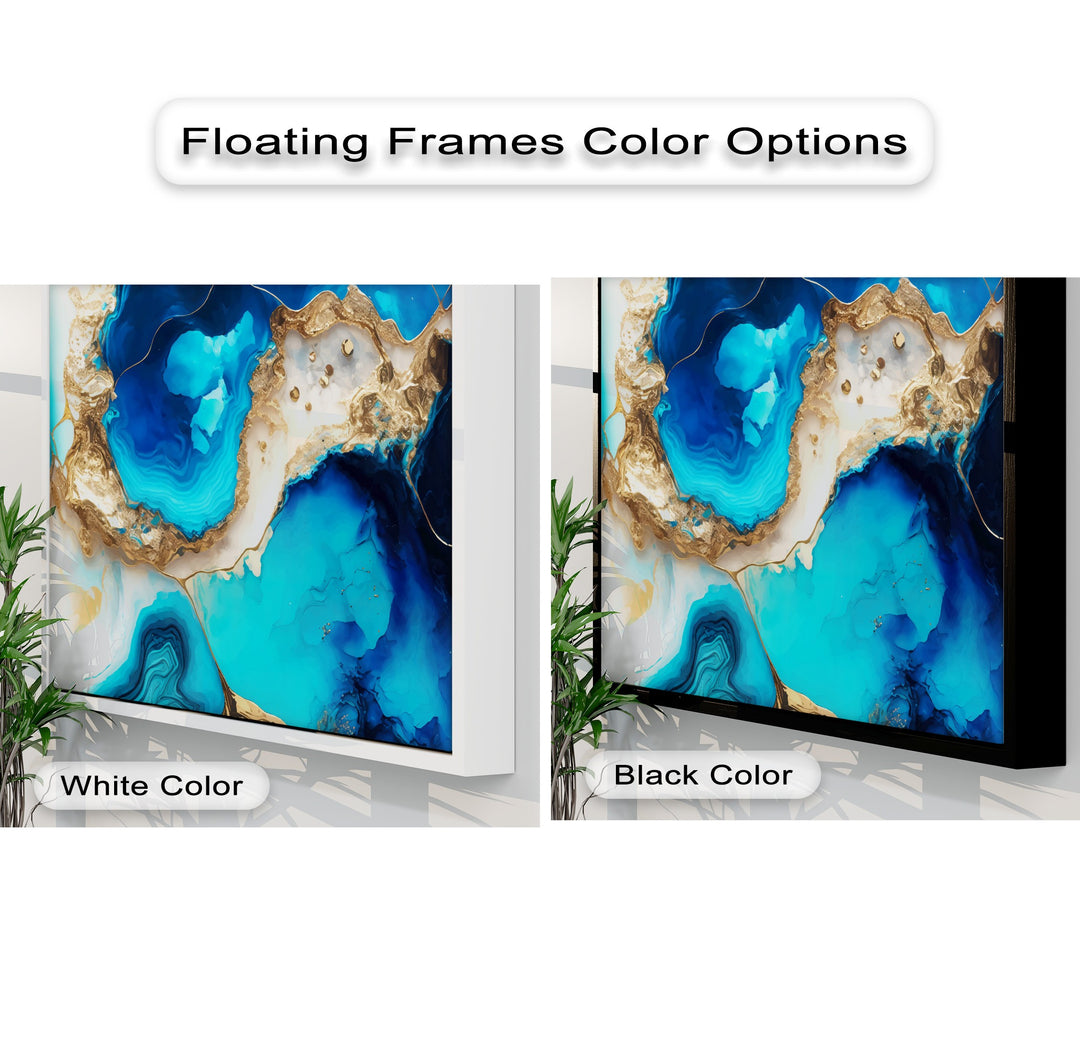 The fluid motion of deep blues, shimmering gold, and white swirls dramatically across this luxurious, unique canvas print.