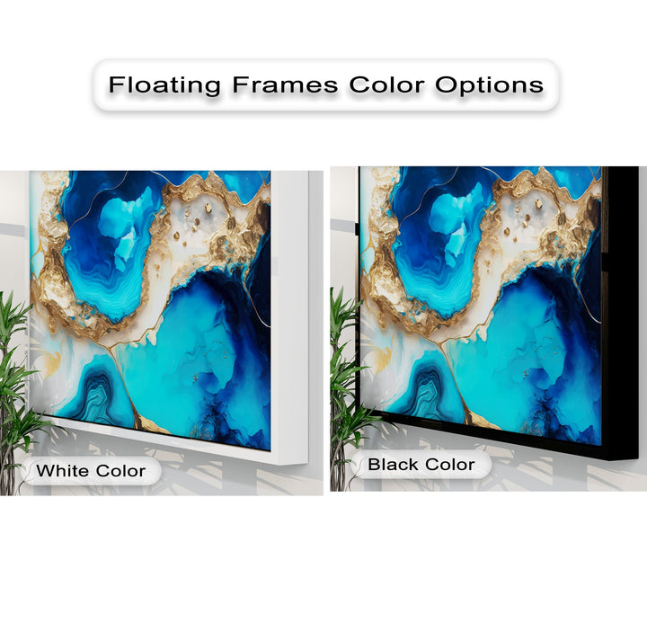 The fluid motion of deep blues, shimmering gold, and white swirls dramatically across this luxurious, unique canvas print.
