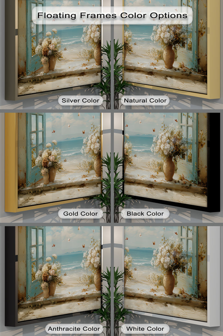 Seaside Breeze Through Blue Shutters – Coastal Floral Canvas Print