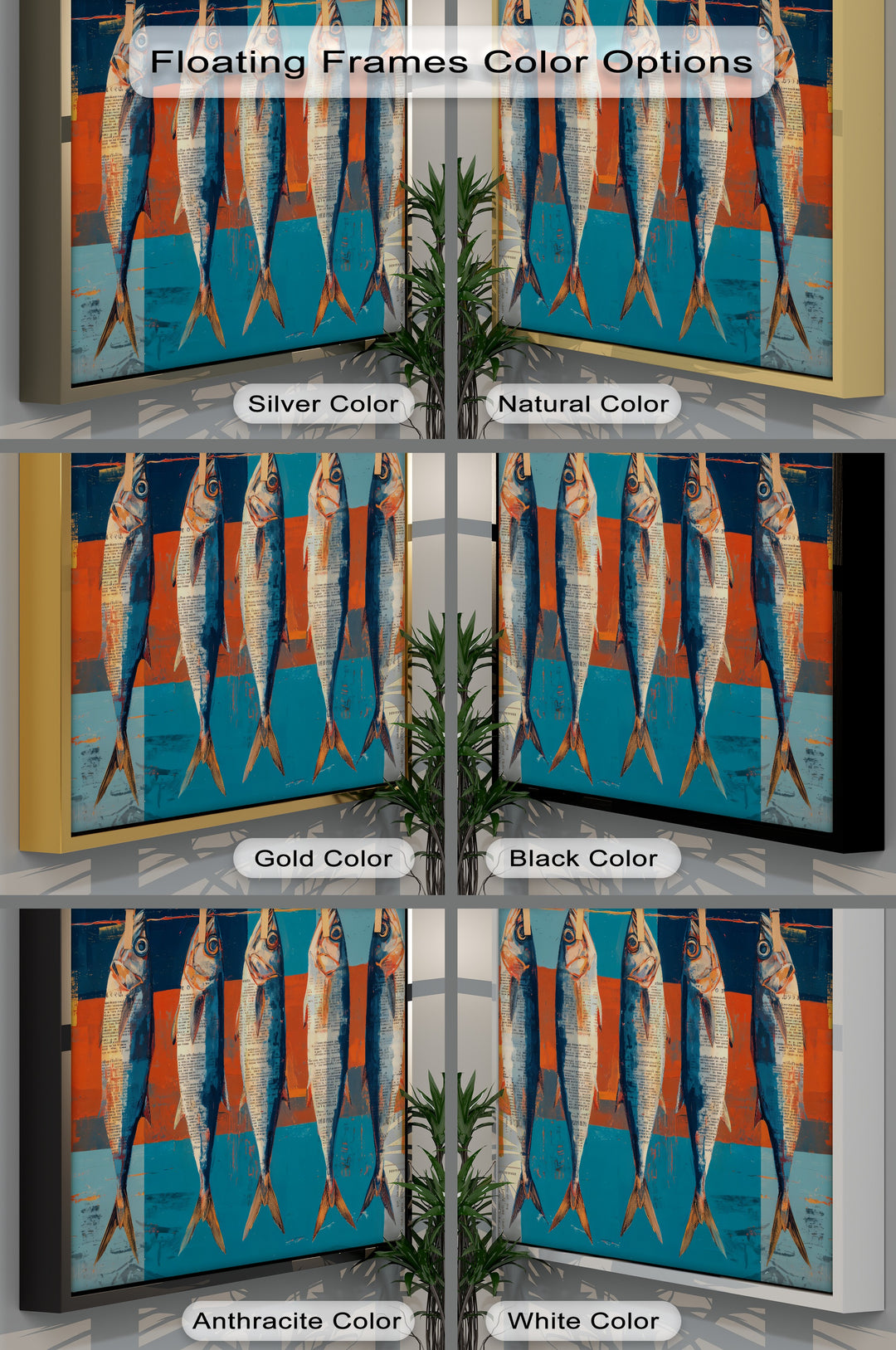 Brightest areas showcase the modern hanging fish canvas artwork across six frame color options, presenting a stylish coastal kitchen wall art piece.