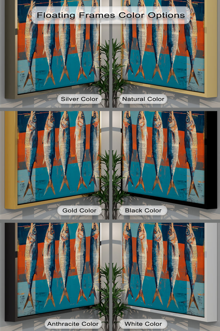 Brightest areas showcase the modern hanging fish canvas artwork across six frame color options, presenting a stylish coastal kitchen wall art piece.