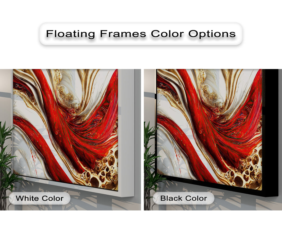 The textured surface of this best canvas prints piece displays rich, flowing swirls of glossy red, shimmering gold, and smooth white marble.