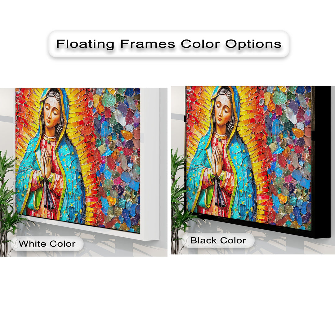 The intricate mosaic of Our Lady of Guadalupe creates beautiful depth and layers, enhanced by the contrasting floating frames of this canvas wall decor.