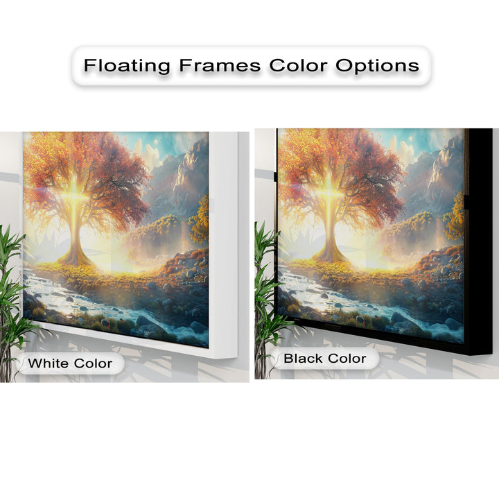 Deep, layered unique canvas print of a radiant autumn tree fantasy landscape, shown with white and black floating frames.
