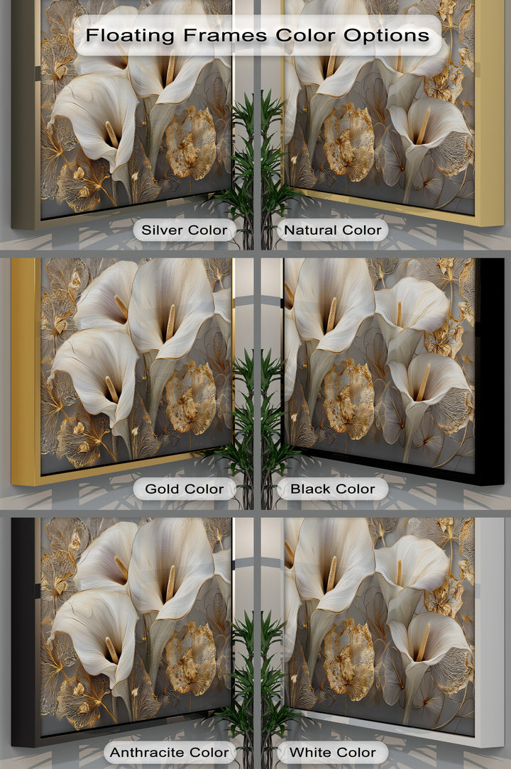 White Calla Lilies with Gold Leaves - Canvas Print