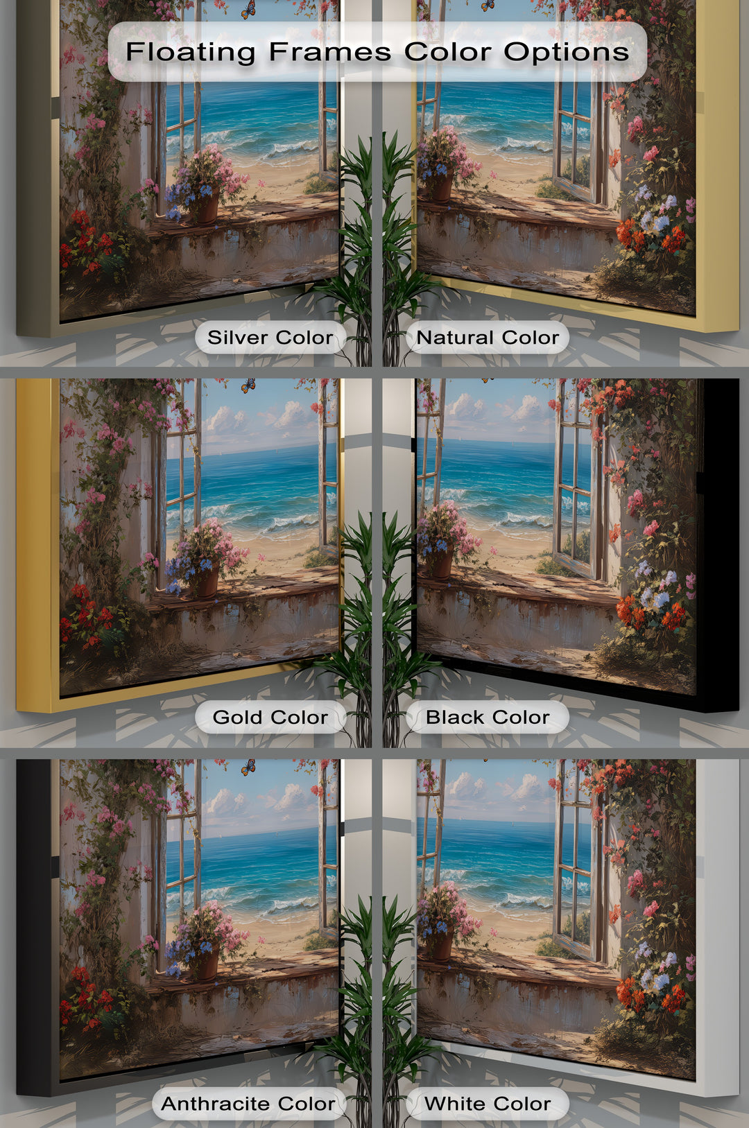 Blossoms by the Sea – Open Window Beach View Canvas Print