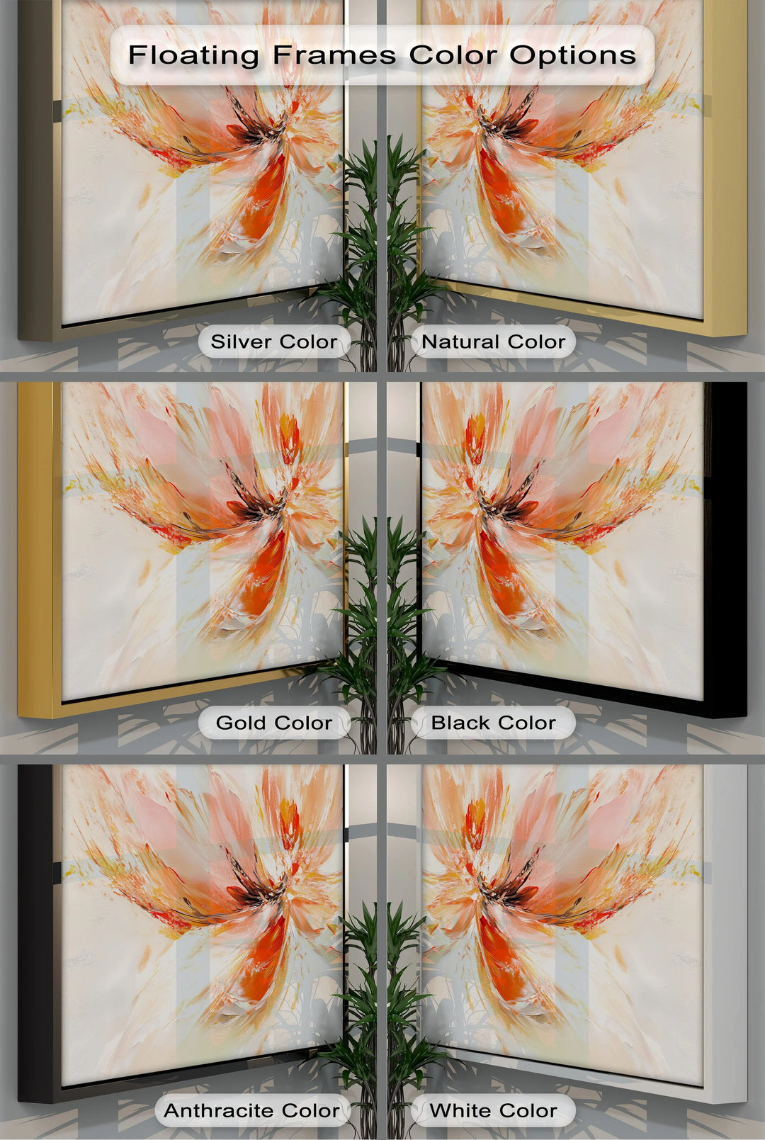 Bloom Burst – energetic red and peach abstract flower wall art.

