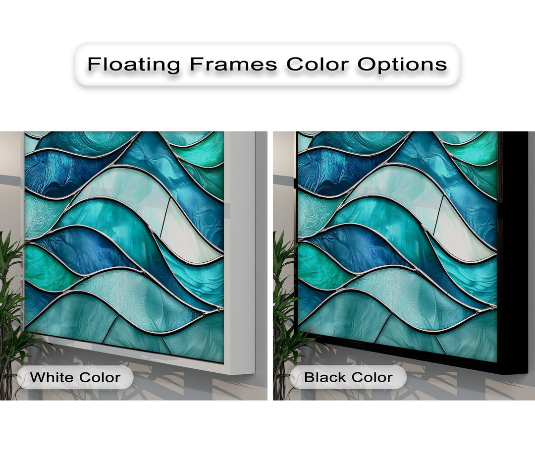The realistic detail in this turquoise wave canvas painting showcases textured, ocean-inspired stained glass patterns in brilliant blue and teal hues.