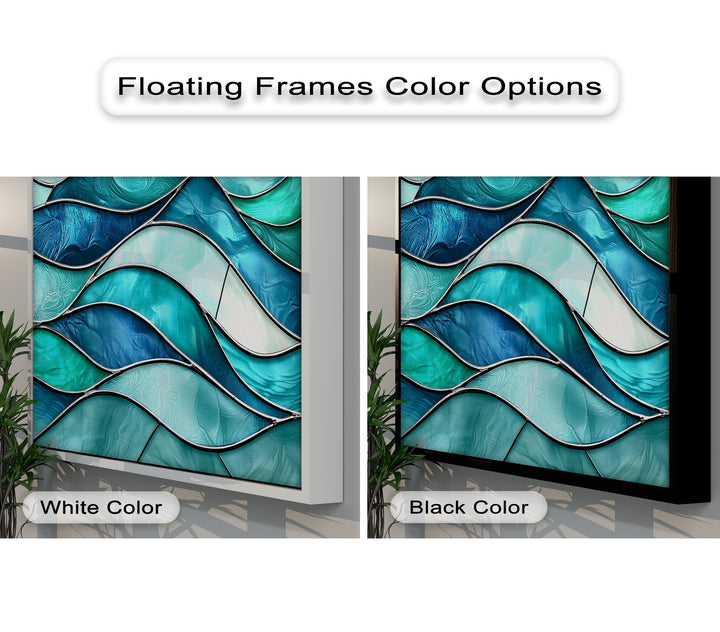 The realistic detail in this turquoise wave canvas painting showcases textured, ocean-inspired stained glass patterns in brilliant blue and teal hues.