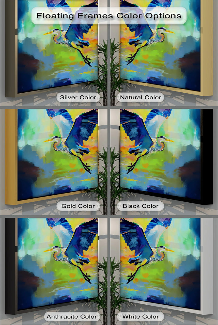 Flight of Radiance – Blue Heron in Vibrant Skies Canvas Print - MyPhotoStation