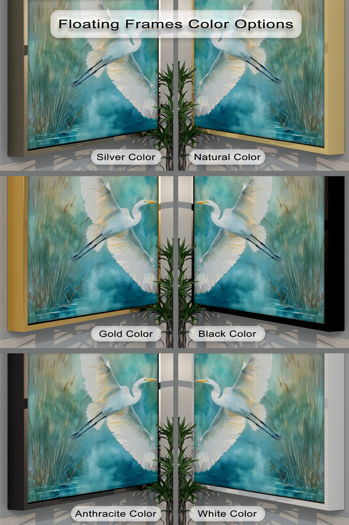 Visible brushstrokes accentuate the surface texture of this big canvas prints, displaying an elegant white heron in flight across nature-inspired canvas wall art.