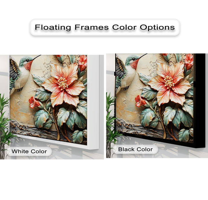 Featuring warm beige and coral hues, this 3D-style hummingbird floral canvas art showcases nature's vibrant beauty.