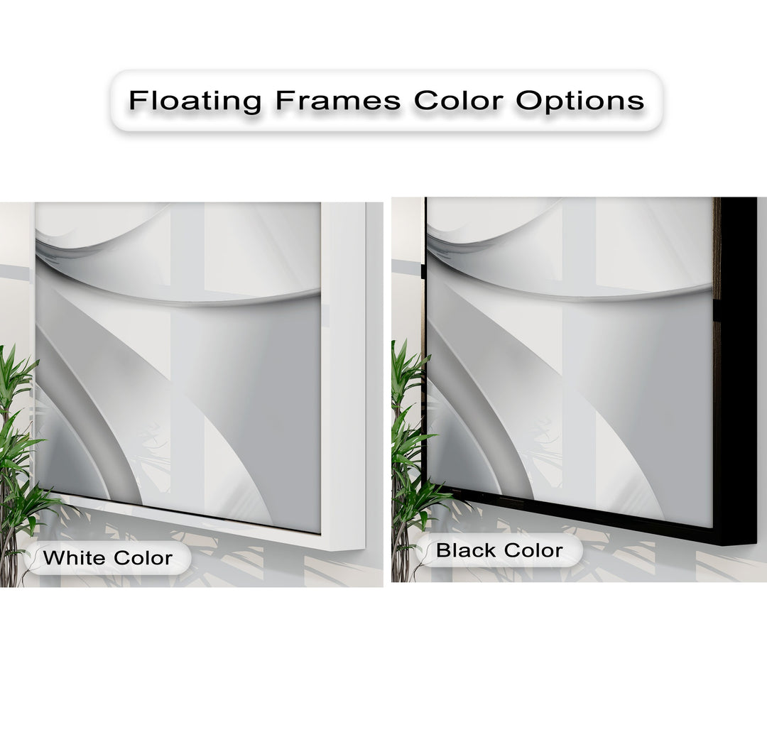 The darkest area highlights the sleek black floating frame surrounding best canvas prints featuring a minimalist abstract silver flow design.