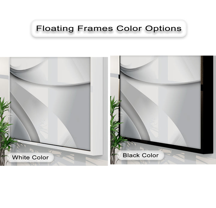The darkest area highlights the sleek black floating frame surrounding best canvas prints featuring a minimalist abstract silver flow design.