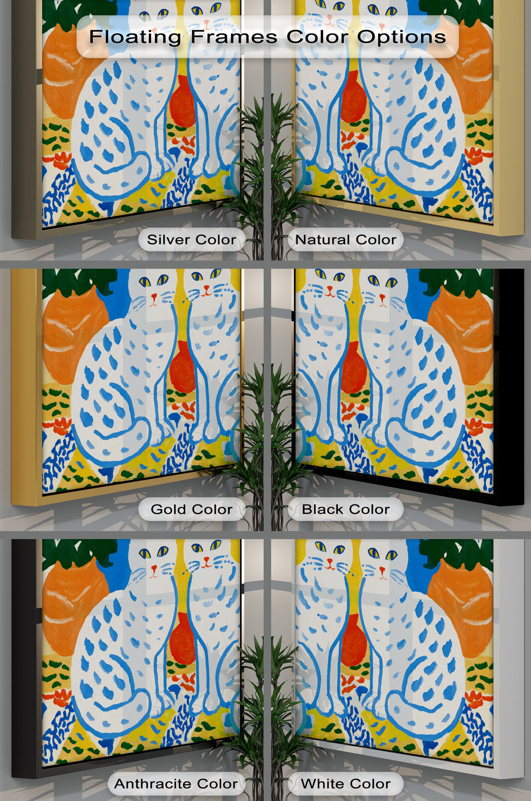 The geometric shapes in this colorful folk cat canvas art print form stylized feline figures in a decorative, Scandinavian-inspired design.