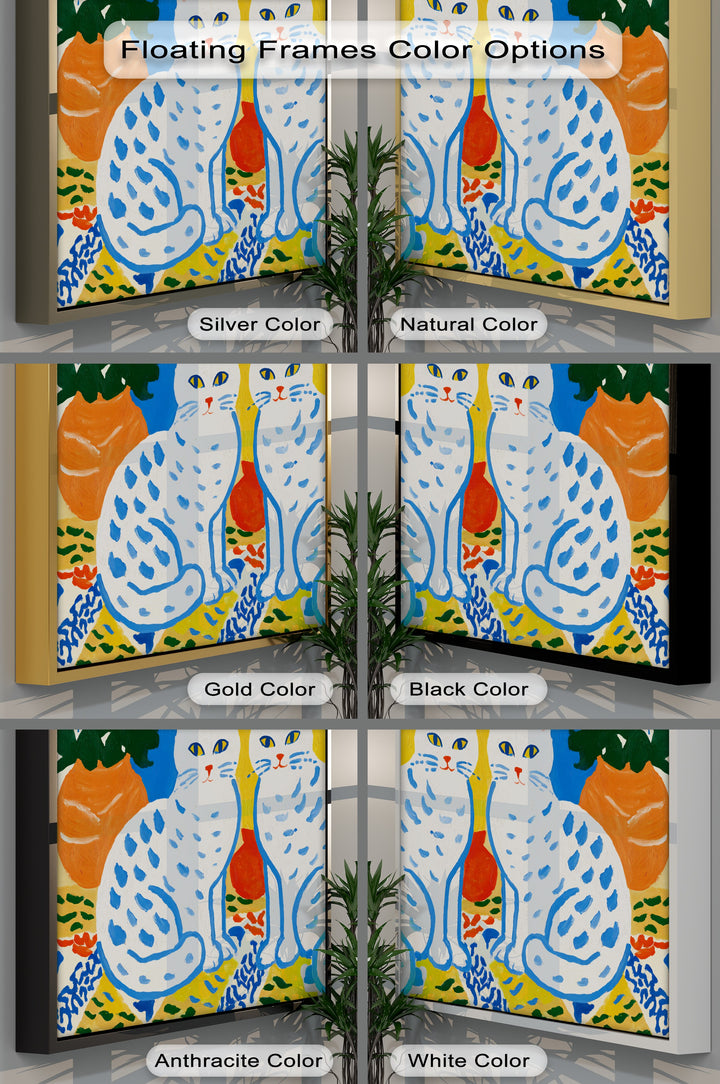 The geometric shapes in this colorful folk cat canvas art print form stylized feline figures in a decorative, Scandinavian-inspired design.