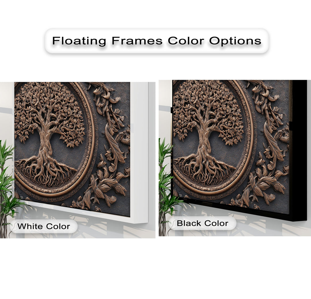 This high-quality bronze Tree of Life hanging canvas print showcases rich, carved details and offers white or black floating frame options.